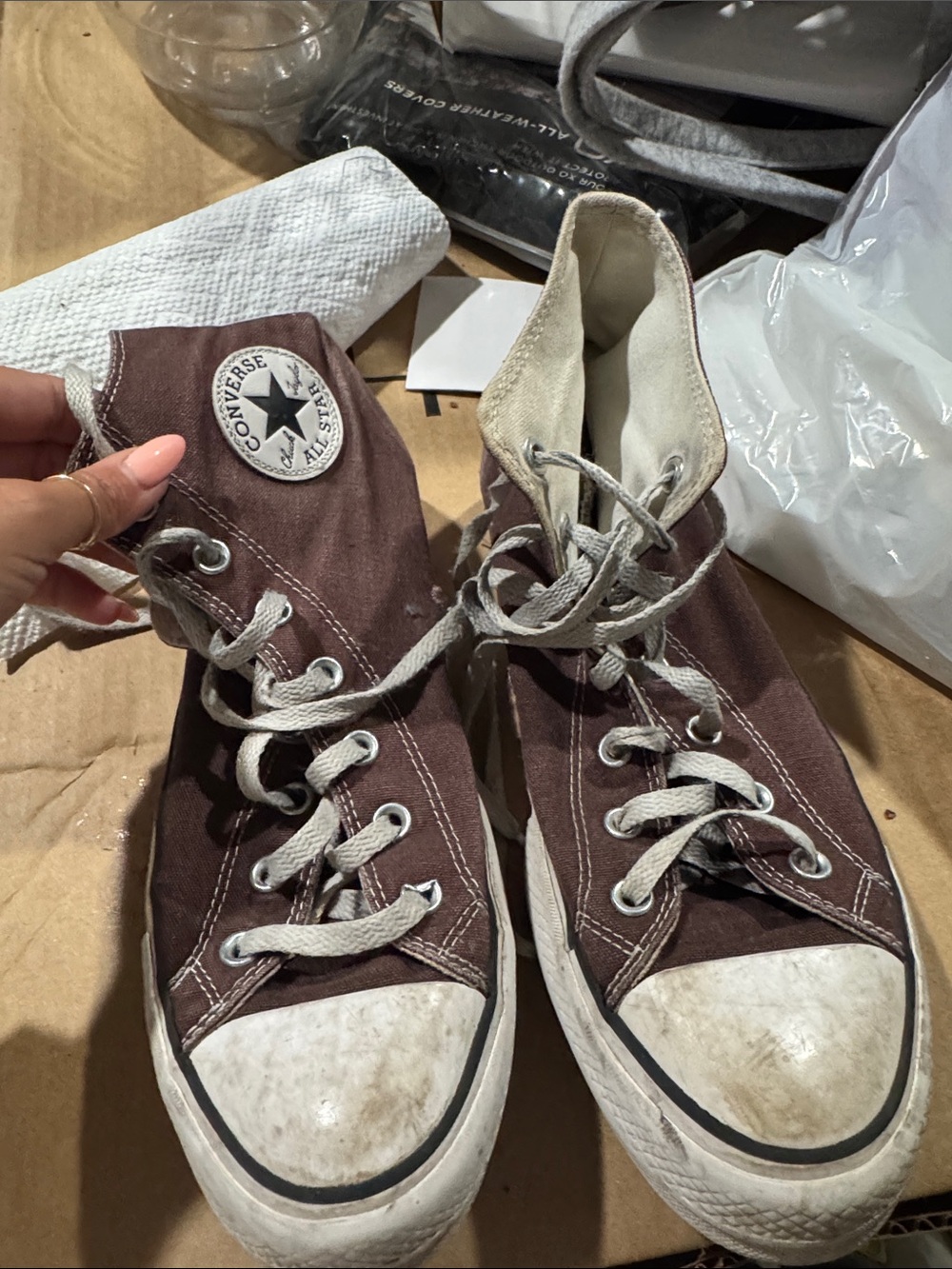 Converse High Top Sneakers in Brown with White Accents